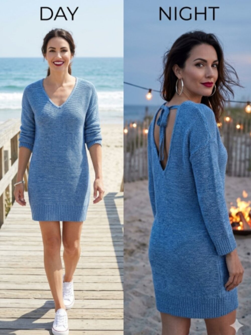 American Eagle Heather Blue Knit V-Neck Keyhole Tie-Back Sweater Dress - S